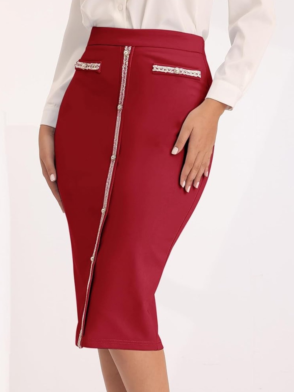 High-Waist Red Pencil Skirt with Decorative Pearls